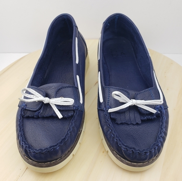 MODA Women's Leather Loafers Size 40 Slip On Comfort Casual Shoes Navy Blue - Picture 3 of 14